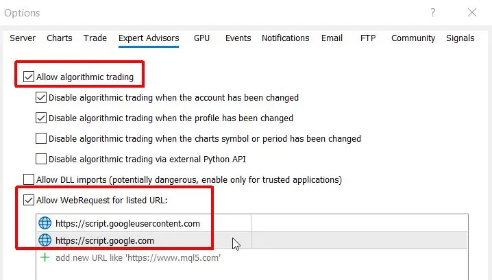 MT5 Options URL allow